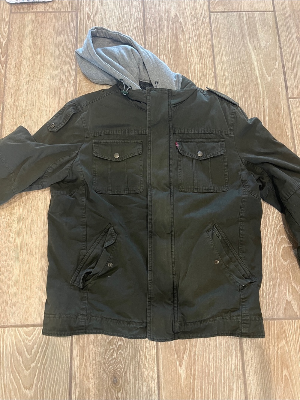 Levi's Olive Green Hooded Military Field Jacket with Gray Hood